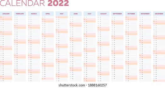 Simple 2022 calendar, flat editable business template of yearly planner, vertical format columns