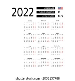 Simple 2022 Malaysia calendar vector graphic design illustration. The week starts on Monday.