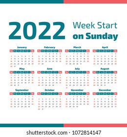 Simple 2022 year calendar, week starts on Sunday