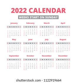 Simple 2022 year calendar, week starts on sunday