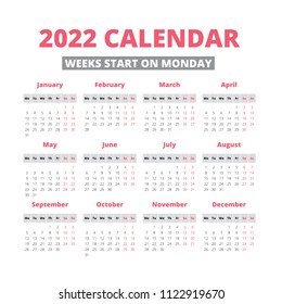 Simple 2022 year calendar, week starts on Monday