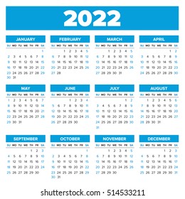 Simple 2022 year calendar, week starts on Monday