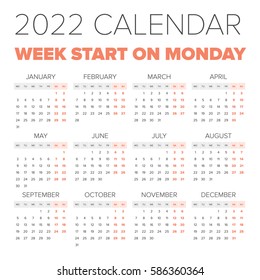Simple 2022 year calendar, week starts on Monday