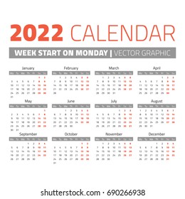 Simple 2022 year calendar, week starts on Monday