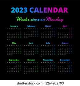 Simple 2023 year calendar on the black background