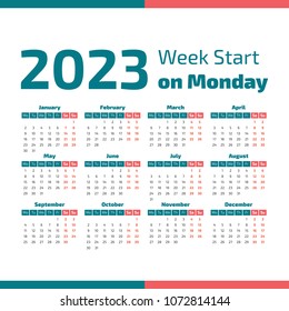 Simple 2023 year calendar, week starts on Monday