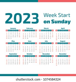 Simple 2023 year calendar, week starts on Sunday