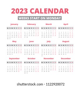 Simple 2023 year calendar, week starts on Monday