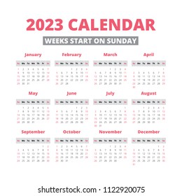 Simple 2023 year calendar, week starts on sunday