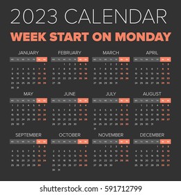 Simple 2023 year calendar, week starts on Monday