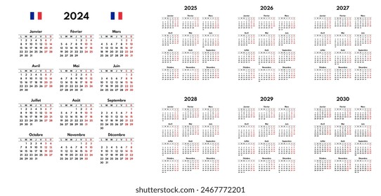 simple 2024 2025 2026 2027 2028 2029 2030 french calendar grid, monday first, two weekends