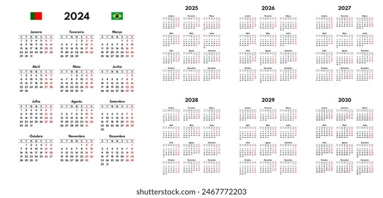 Einfach 2024 2025 2026 2027 2028 2029 2030 Portugiesisches Kalenderraster, Montag zuerst, zwei Wochenenden