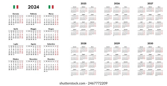 simple 2024 2025 2026 2027 2028 2029 2030 calendario italiano, lunes primero, dos fines de semana