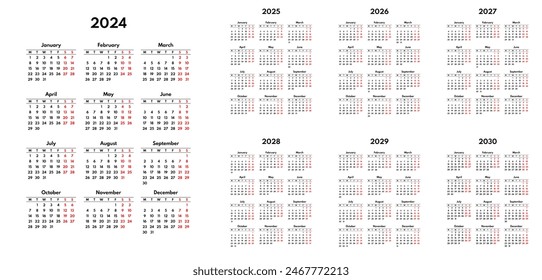 Einfach 2024 2025 2026 2027 2028 2029 2030 Englisch Kalender Grid, Montag zuerst, zwei Wochenenden