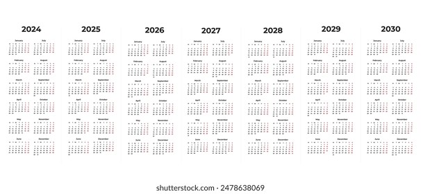 simple 2024 2025 2026 2027 2028 2029 2030 english calendar grid, monday first, two weekends. English vector calendar layout. Annual vertical calendar in English for the year 2025 with 12 months. 