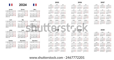 simple 2024 2025 2026 2027 2028 2029 2030 french calendar grid, monday first, two weekends