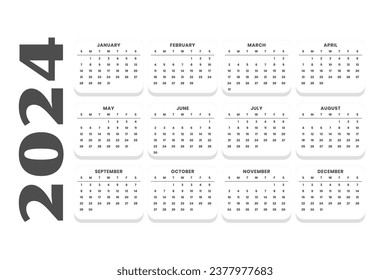 simple 2024 new year english calendar template with months and dates vector
