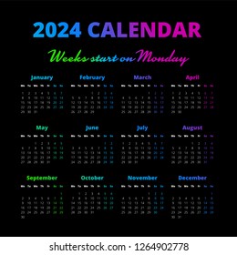 Simple 2024 year calendar on the black background