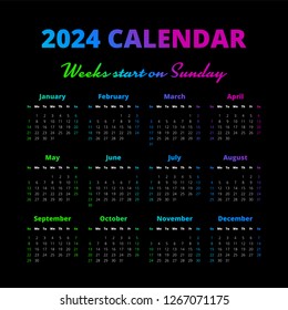 Simple 2024 year calendar on the black background