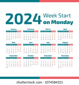 Simple 2024 year calendar, week starts on Monday
