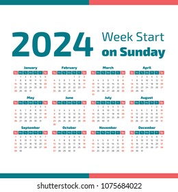 Simple 2024 year calendar, week starts on Sunday
