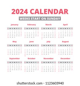 Simple 2024 Year Calendar Week Starts Immagine Vettoriale Stock - www ...