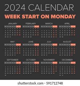 Simple 2024 year calendar, week starts on Monday