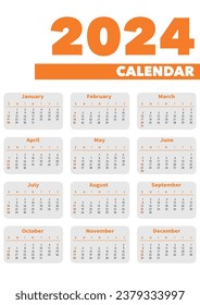 Simple 2024 year orange wall calendar a3 format. Week starts on Sunday
