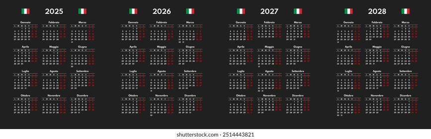 Simple 2025 2026 2027 2028 Cuadrícula de calendario italiano, lunes primero, dos fines de semana, fondo negro