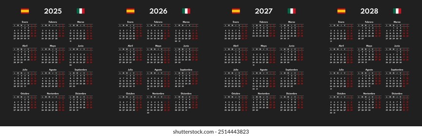 simple 2025 2026 2027 2028 spanish calendar grid, monday first, two weekends, black background