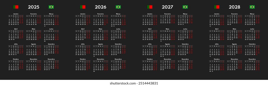 Simple 2025 2026 2027 2028 Cuadrícula de calendario portugués, lunes primero, dos fines de semana, fondo negro