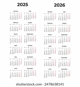 simple 2025 2026 english calendar grid, monday first, two weekends. English vector calendar layout. Annual vertical calendar in English for the year 2025 with 12 months. 