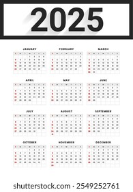 simple 2025 annual calendar layout organize event or task vector