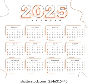 modelo de calendário anual simples 2025 para vetor de mesa de negócios ou escritório