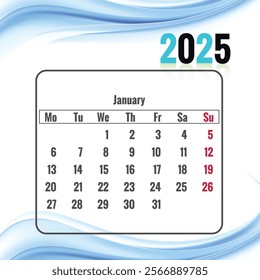 Simple 2025 calendar, january Vector illustration.