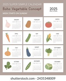 Simple 2025 Calendar Template with cute Vegetable concept illustrations. Minimal layout vector design. Calendar for the year 2025 tables for 12 months. Modern, elegant design for vegetable enthusiasts