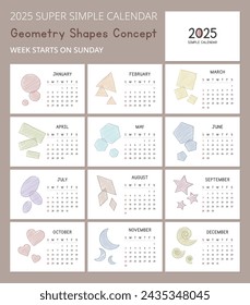 Simple 2025 Calendar Template with geometric shapes sketches concept illustrations. Minimal layout vector design. Calendar for the year 2025 tables for 12 months. Modern and elegant design