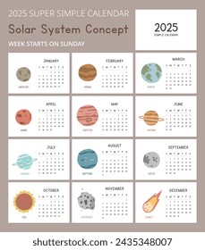 Simple 2025 Calendar Template with Solar System concept illustrations. Minimal layout vector design. Calendar for the year 2025 tables for 12 months. Adorable design cute planets for space enthusiasts