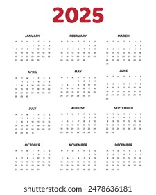 simple 2025 english calendar grid, monday first, two weekends. Corporate or business calendar. English vector calendar layout. Annual vertical calendar in English for the year 2025 with 12 months. 