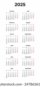 calendario inglés 2025 simple, lunes primero, dos fines de semana. Calendario Corporativa o empresarial. Diseño del calendario del Vector inglés. Calendario de Vertical anual en inglés para el año 2025 con 12 meses. 