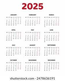 simple 2025 english calendar grid, monday first, two weekends. Corporate or business calendar. English vector calendar layout. Annual vertical calendar in English for the year 2025 with 12 months. 