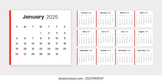 simple 2025 english calendar template in white and red color vector 