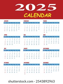 Simple 2025 monthly english calendar template for new year event
Happy new year 2025 calendar template organize event or task vector