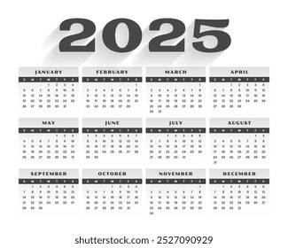 modelo de calendário de ano novo simples 2025 um vetor de design imprimível