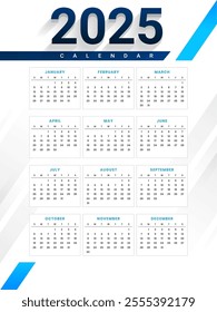 simple 2025 new year enlgish calendar layout design vector