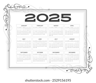 simple 2025 office calendar template week starts sunday vector
