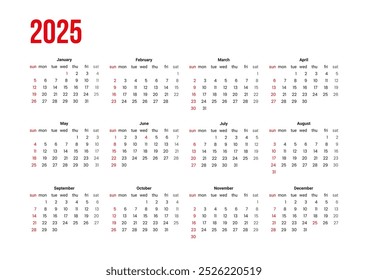 Simple сalendar 2025 with week start Sunday. Vector design template corporate of a wall or desk calendar