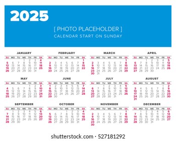 Simple 2025 year calendar, start on sunday