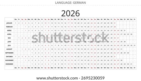Simple 2026 german linear annual year calendar for Germany. deutsch kalender