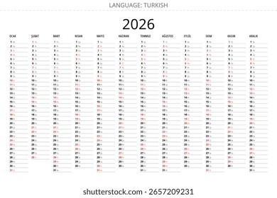Planejador de calendário turco simples 2026 com design minimalista para a Turquia
